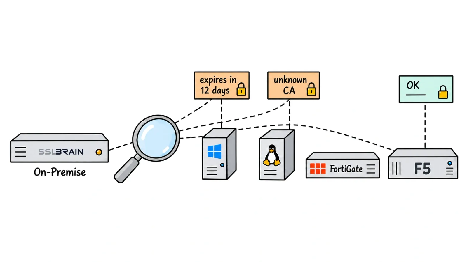 Drawing: sslbrain On-Premise scans a row of servers with a magnifying glass and finds certificates that expire in 12 days, come from an unknown CA, or are fine.