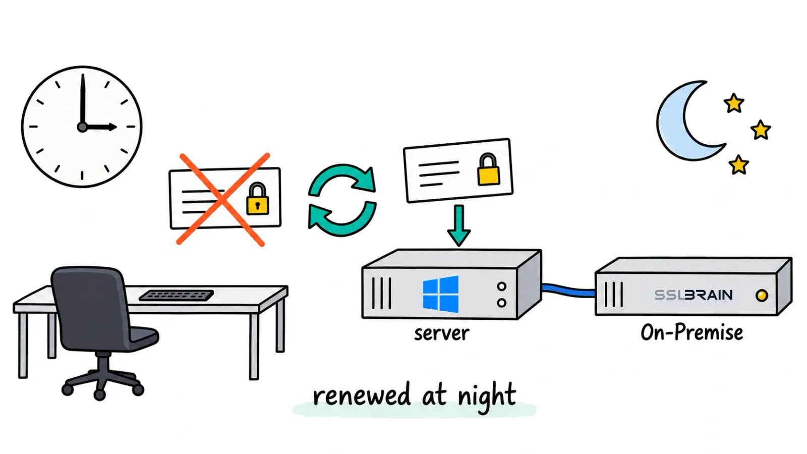 Drawing: sslbrain On-Premise renews a certificate at night; the old certificate is crossed out and the new one goes onto a Windows server, without anyone at the keyboard.